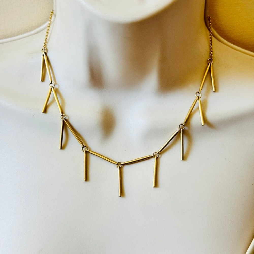 Rebecca Minkoff RM Signed Fringe Necklace Gold Plated Bar Dangle Collar 18"